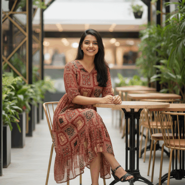 Rustic Charm Ajrakh Print Dress (Honey)