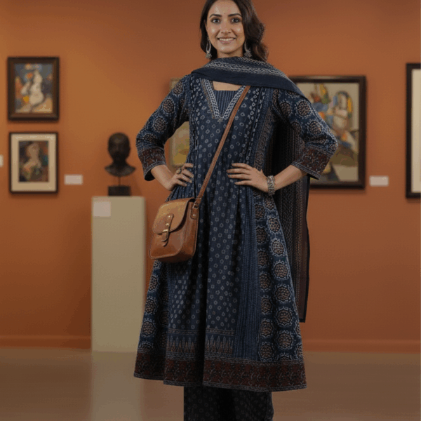 Midnight Blue V-Neck Umbrella Kurta Set with Wide-Leg Palazzos