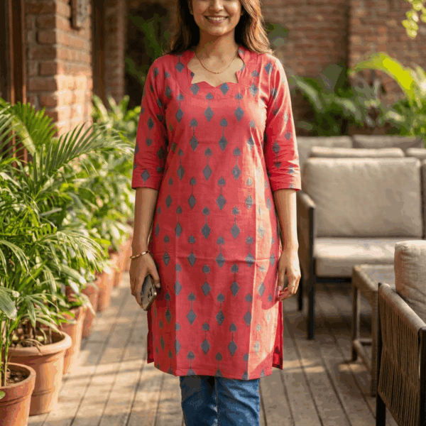 Women's Green Ikkat Weave Top - Scallop Neck Design