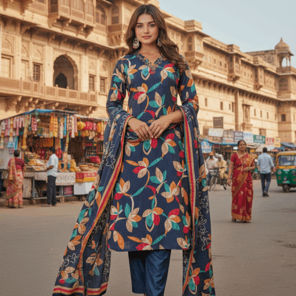 Feminine Radiance: Blue Tissue Ensemble with Aari Work