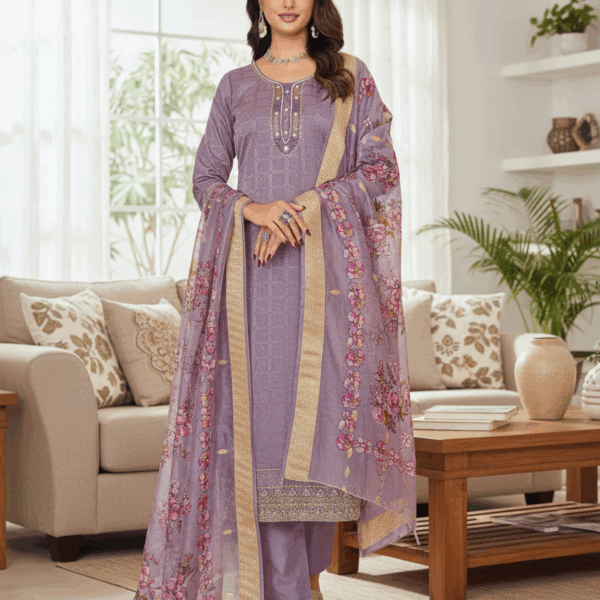 Ethnic wear - soft silk with Aari work Suit Set with Floral Dupatta