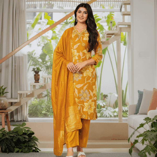 Feminine Radiance: Yellow Tissue Ensemble with Aari Work