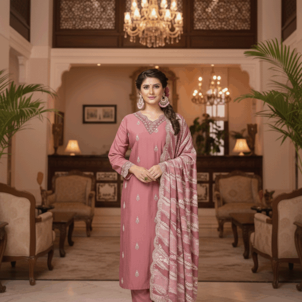Dusty Rose Embroidered Kurta Set-Big size